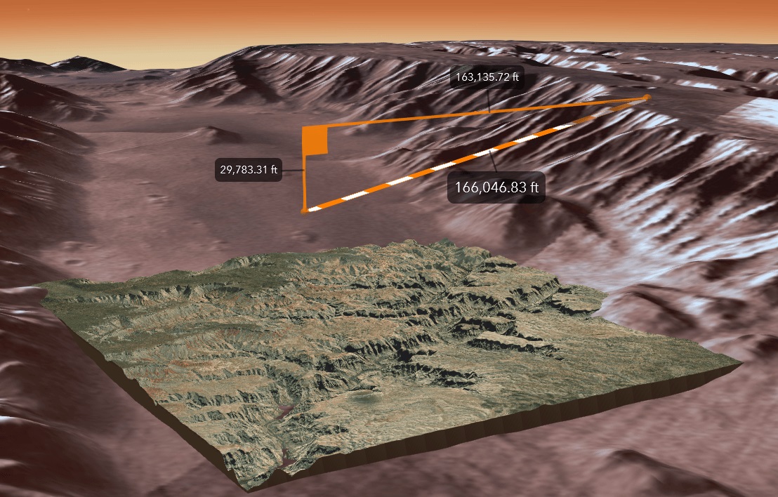 Представление о марсианских реалиях: наглядное сопоставление размеров Гранд-Каньона, штат Аризона, и Valles Marineris (долины Маринера) — гигантской, одной из крупнейших в Солнечной системе структуре каньонов на относительно небольшом, по сравнению с Землей, Марсе
